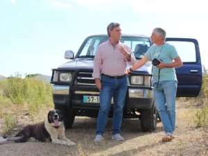 homens a conversar à frente de uma pick-up com um cão deitado ao lado, no chão