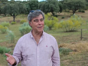 Homem a falar numa paisagem campestre