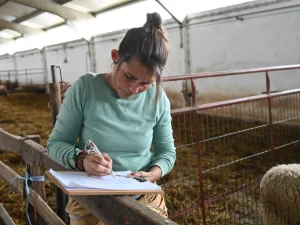 mulher dentro de um pavilhão animal a tomar anotações